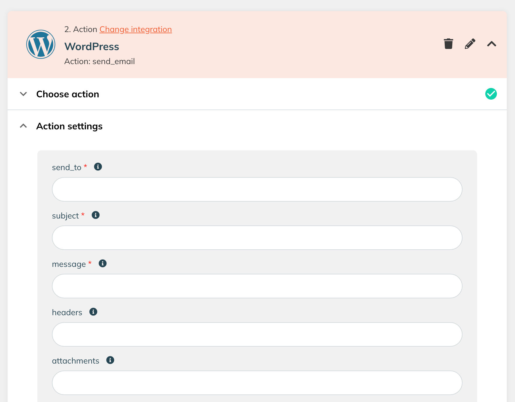 The Action Settings within the WP Webhooks Flow feature