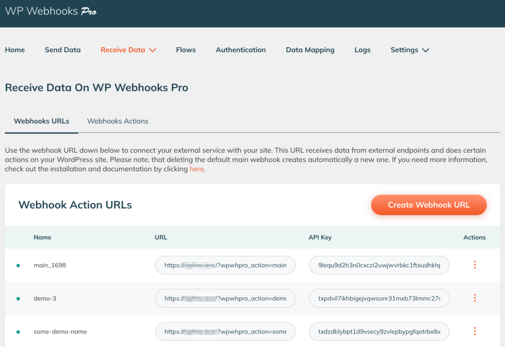WP Webhooks Receive Data Tab Content