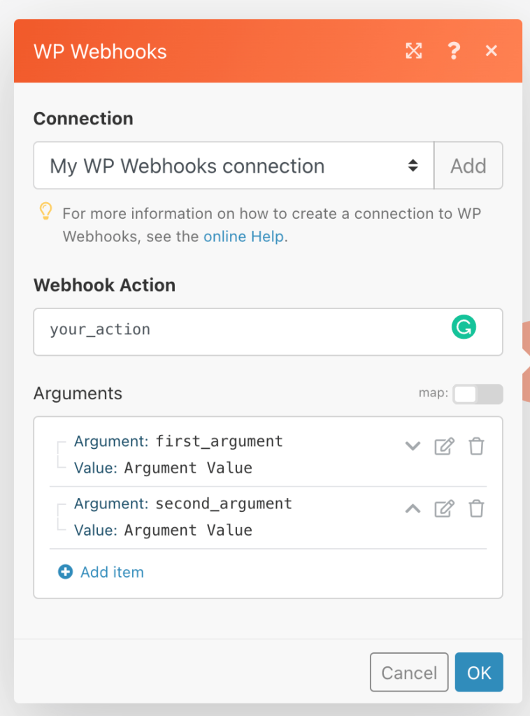 The Integromat screen of the WP Webhooks app