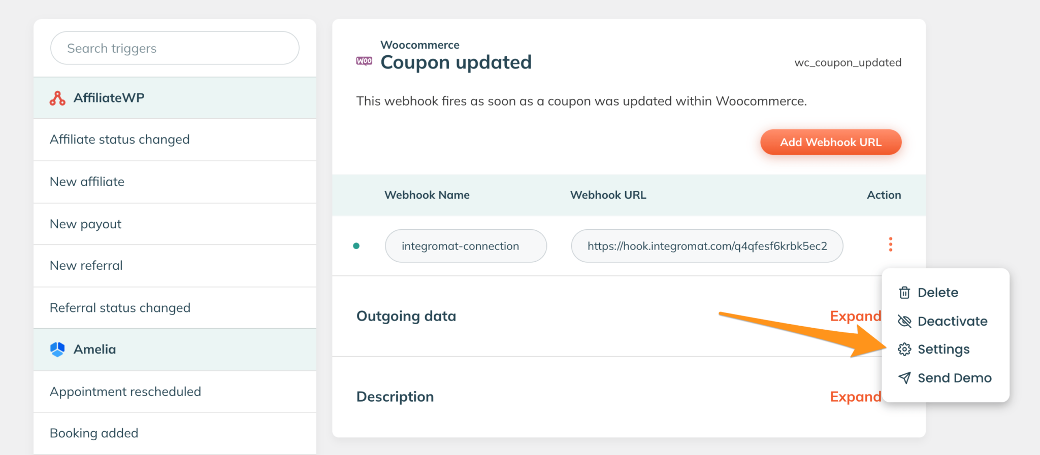 The WP Webhooks screen of the Subscription cancelled trigger