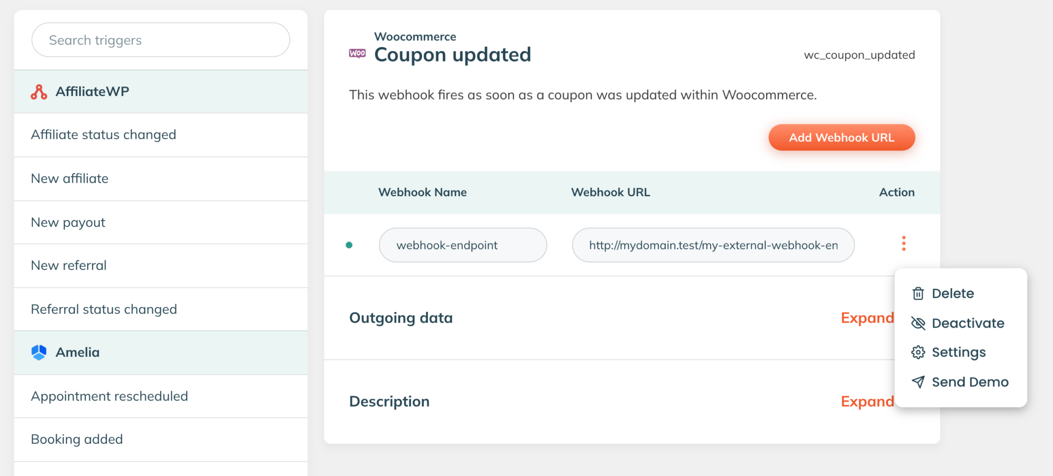 The WP Webhooks screen of the Affiliate status changed trigger