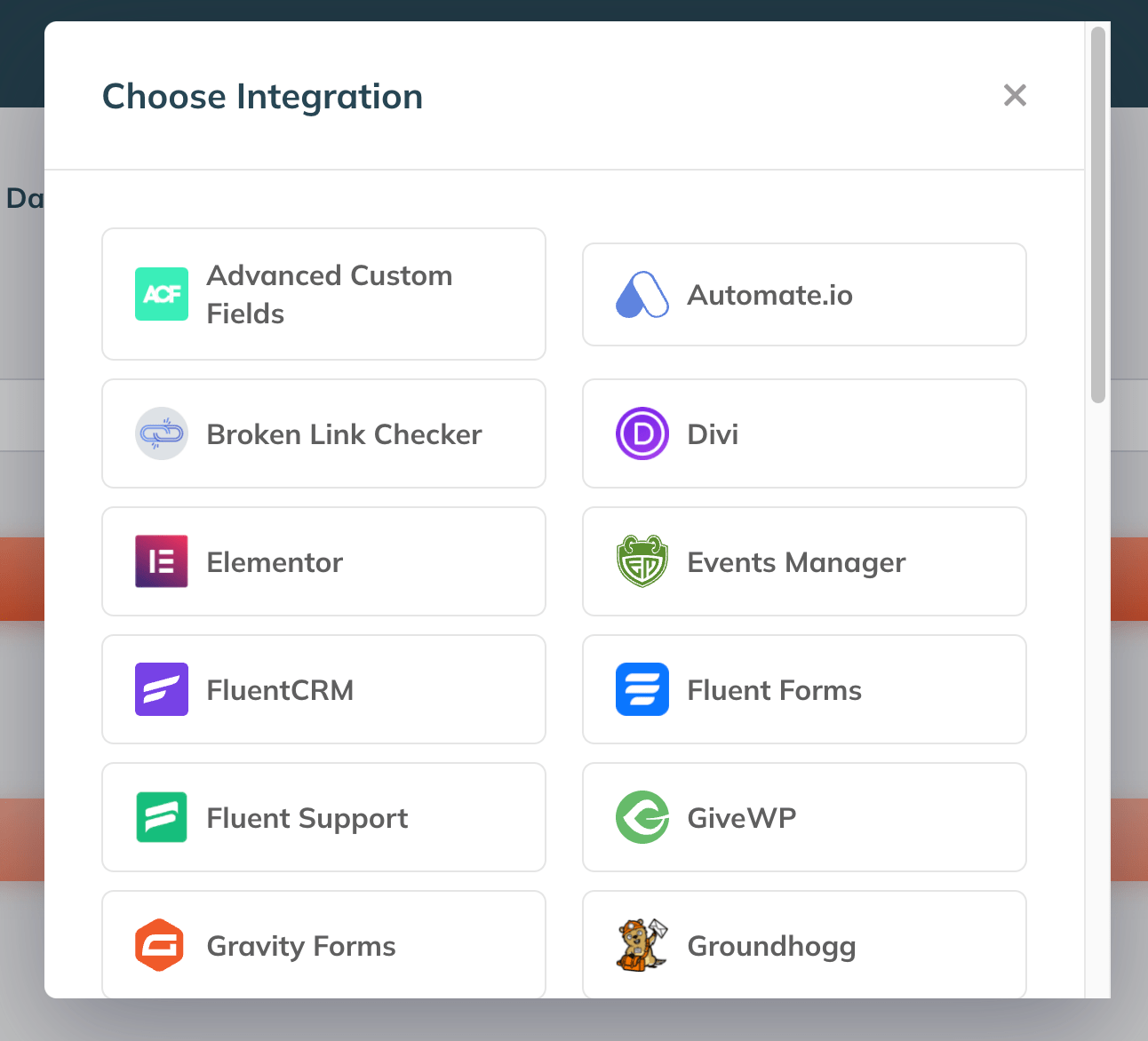 The Flows integration popup showing all available integrations.