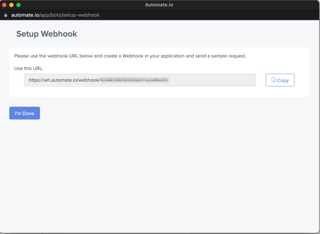 An image of the automate.io webhook popup window